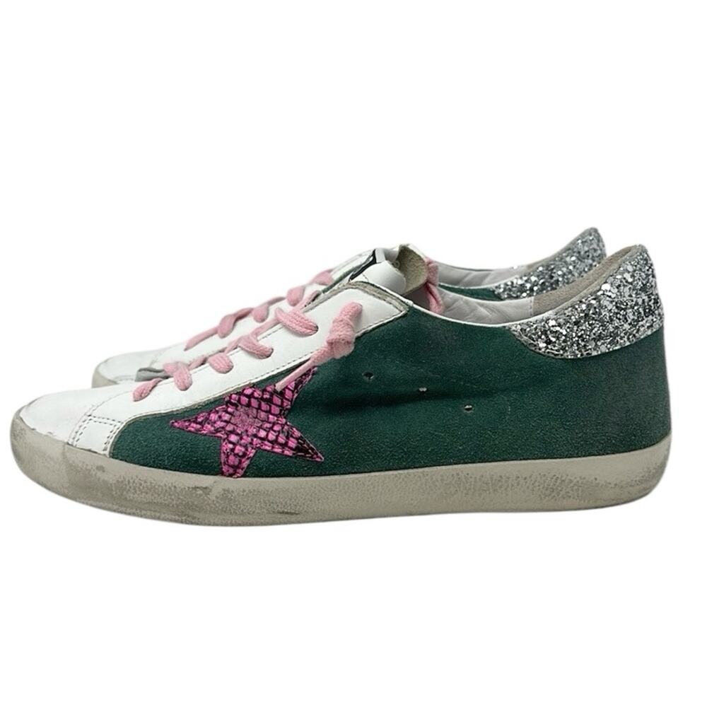 Golden Goose Superstar Leather Suede Sneakers Green White Pink Size 40 - Picture 6 of 12